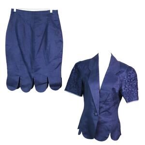 Vintage 90s Y2K Navy Blue Skirt Suit LINEN 9/10 Embroidered Flowers Scalloped